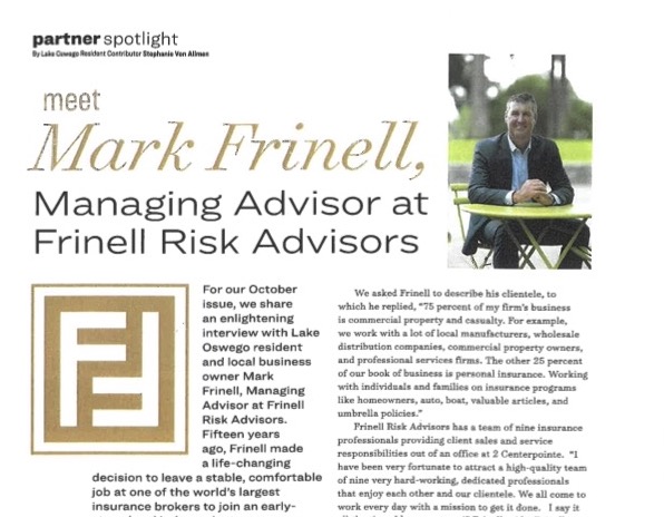 Image of article about Frinell Risk Advisors in Lake Oswego Living.